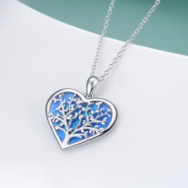 Sterling Silver Opal Rhodium Plated Tree Of Life Heart Necklace-4