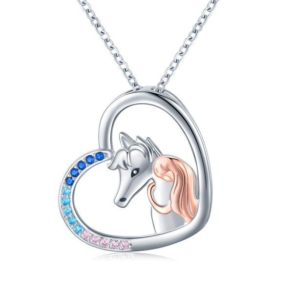 Sterling Silver Zircon Rhodium And Rose Gold Plated Girl And Horse Necklace-0