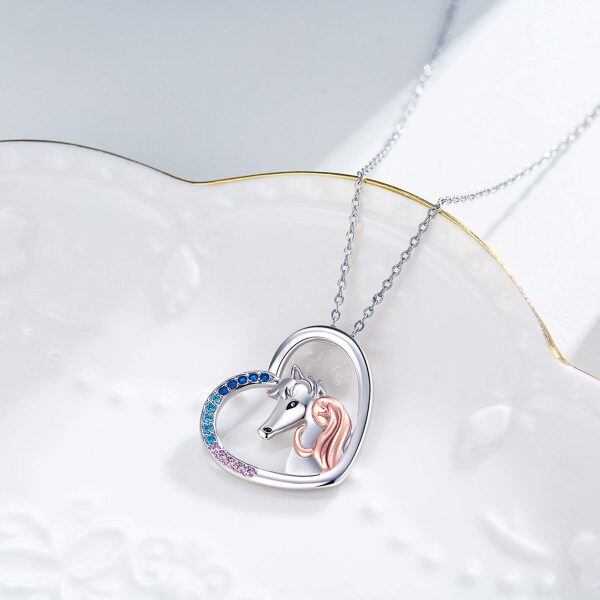 Sterling Silver Zircon Rhodium And Rose Gold Plated Girl And Horse Necklace-1