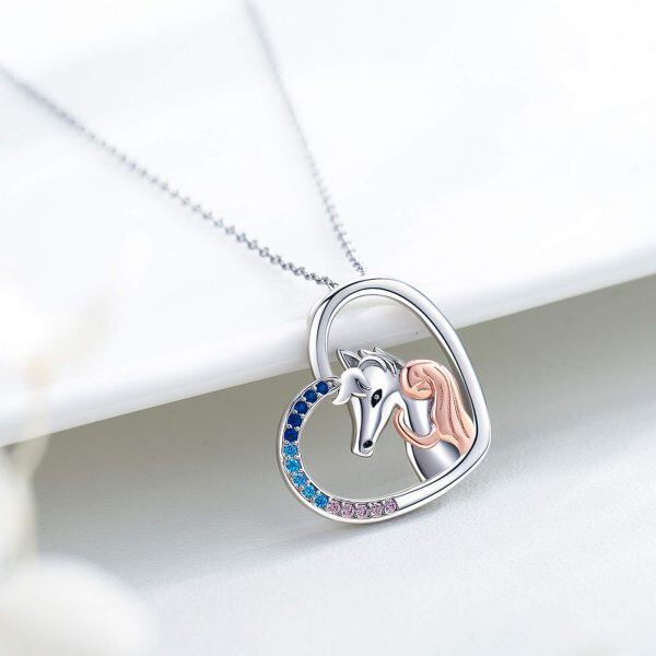 Sterling Silver Zircon Rhodium And Rose Gold Plated Girl And Horse Necklace-2