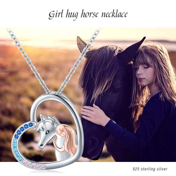 Sterling Silver Zircon Rhodium And Rose Gold Plated Girl And Horse Necklace-4