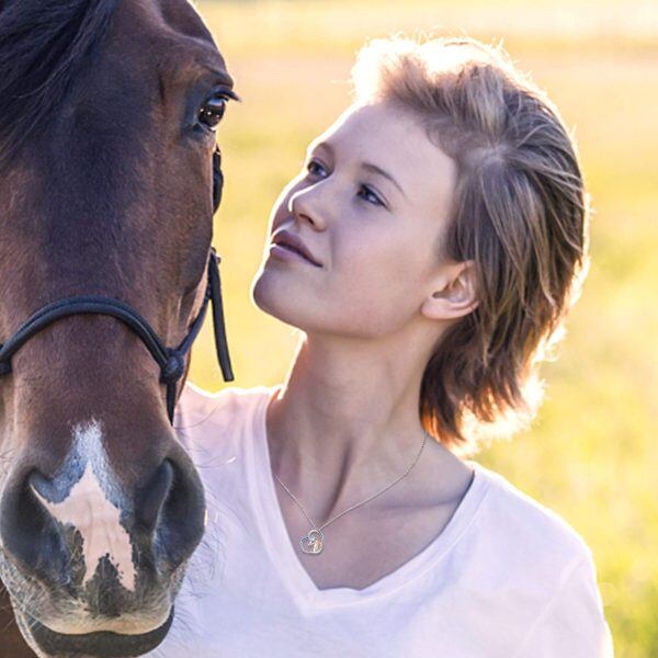 Sterling Silver Zircon Rhodium And Rose Gold Plated Girl And Horse Necklace-6