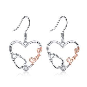 Sterling Silver Zircon Rhodium And Rose Gold Plated Heart Stethoscope Earrings-0