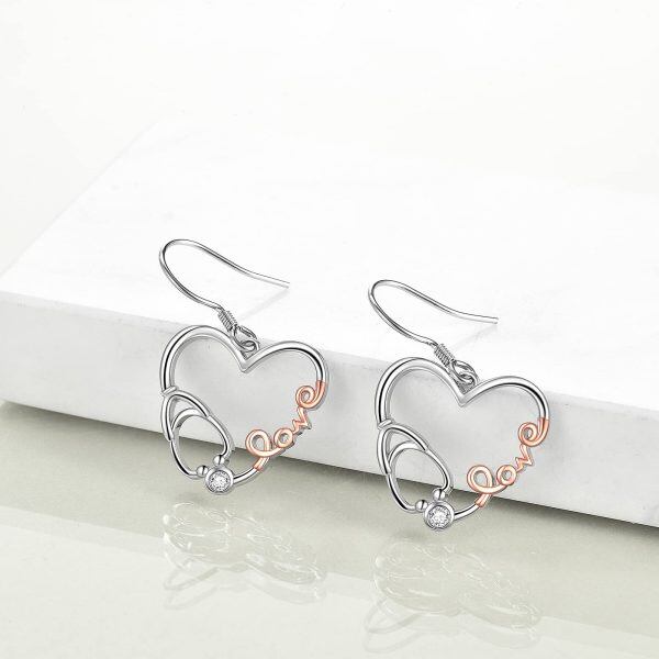 Sterling Silver Zircon Rhodium And Rose Gold Plated Heart Stethoscope Earrings-2