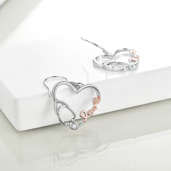 Sterling Silver Zircon Rhodium And Rose Gold Plated Heart Stethoscope Earrings-3