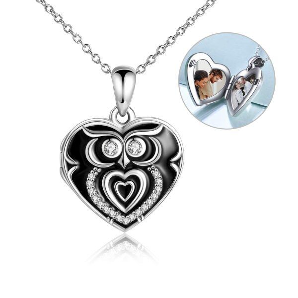 Sterling Silver Zircon Black Rhodium Plated Owl Locket Necklace -0