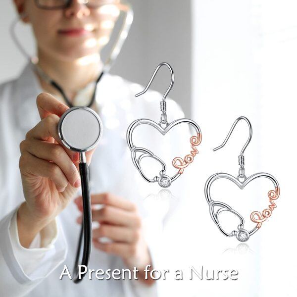 Sterling Silver Zircon Rhodium And Rose Gold Plated Heart Stethoscope Earrings-5