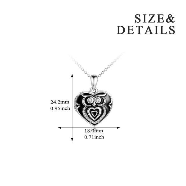 Sterling Silver Zircon Black Rhodium Plated Owl Locket Necklace -4