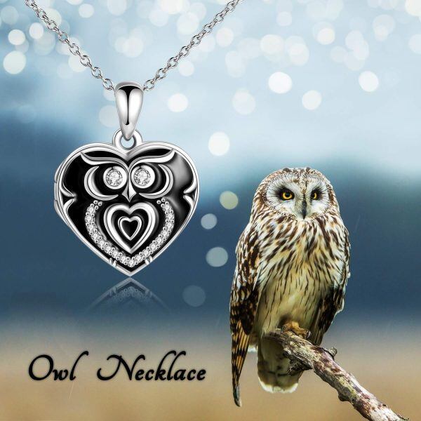 Sterling Silver Zircon Black Rhodium Plated Owl Locket Necklace -6