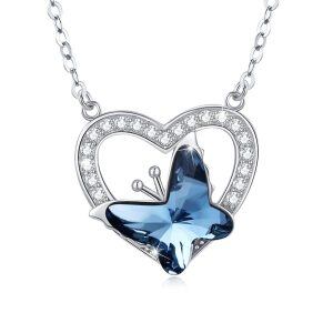 Sterling Silver Crystal and Zircon Silver Plated Butterfly Heart Pendent Necklace -0