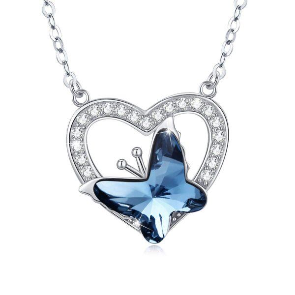 Sterling Silver Crystal and Zircon Silver Plated Butterfly Heart Pendent Necklace -0