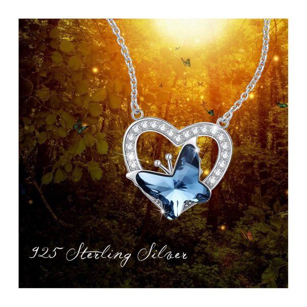 Sterling Silver Crystal and Zircon Silver Plated Butterfly Heart Pendent Necklace -1