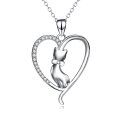 wholesale 925 Sterling Silver Heart Cat Pendant Necklace with Cubic Zirconia for Women and Girls-0-0