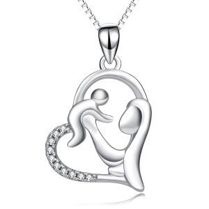 Sterling Silver Zircon Silver Plated Mother with One Child Eternal Love Heart Necklace-0