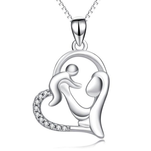 Sterling Silver Zircon Silver Plated Mother with One Child Eternal Love Heart Necklace-0