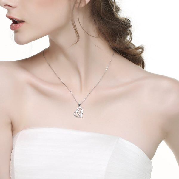 Sterling Silver Zircon Silver Plated Mother with One Child Eternal Love Heart Necklace-1