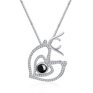 Sterling Silver 100 Language and Zircon Silver Plated I Love You Deer Necklace -0