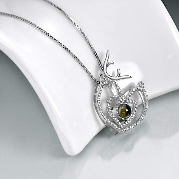 Sterling Silver 100 Language and Zircon Silver Plated I Love You Deer Necklace -1