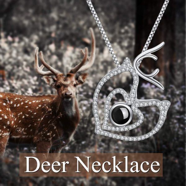 Sterling Silver 100 Language and Zircon Silver Plated I Love You Deer Necklace -3