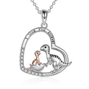 Sterling Silver Zircon Rhodium And Rose Gold Plated Dinosaur Necklace-0