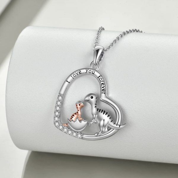 Sterling Silver Zircon Rhodium And Rose Gold Plated Dinosaur Necklace-3