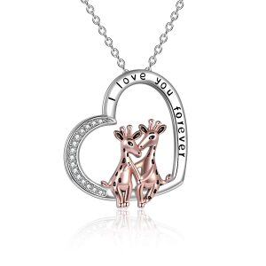 Sterling Silver Zircon Rhodium And Rose Gold Plated Giraffe Necklace-0