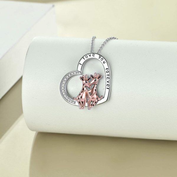 Sterling Silver Zircon Rhodium And Rose Gold Plated Giraffe Necklace-2