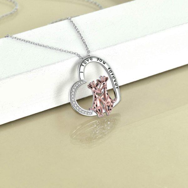 Sterling Silver Zircon Rhodium And Rose Gold Plated Giraffe Necklace-3