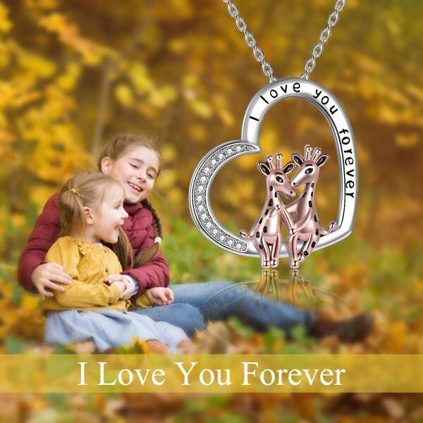 Sterling Silver Zircon Rhodium And Rose Gold Plated Giraffe Necklace-5