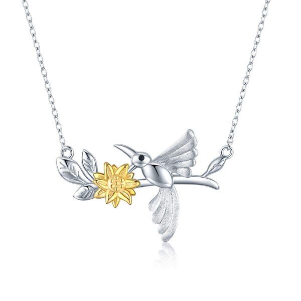 Sterling Silver Two Tone Color Hummingbird Sunflower Pendant Necklace-0