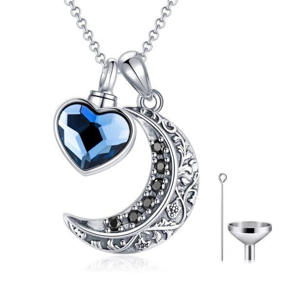 Sterling Silver Crystal Oxidized Heart Moon Urn Necklace-0