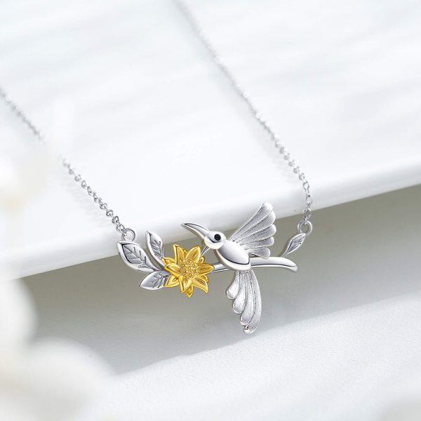 Sterling Silver Two Tone Color Hummingbird Sunflower Pendant Necklace-2