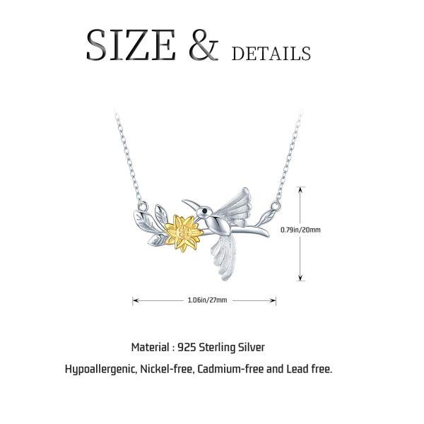 Sterling Silver Two Tone Color Hummingbird Sunflower Pendant Necklace-3