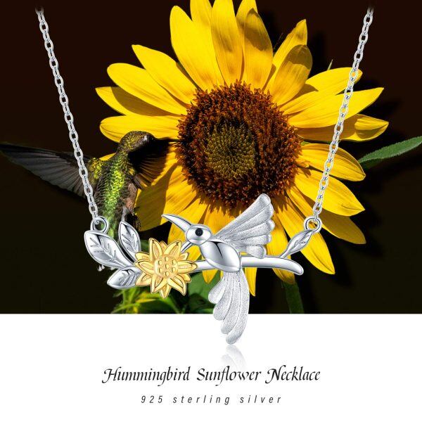 Sterling Silver Two Tone Color Hummingbird Sunflower Pendant Necklace-4