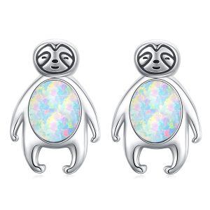 Sterling Silver Opal Silver Plated Sloth Stud Earrings-0