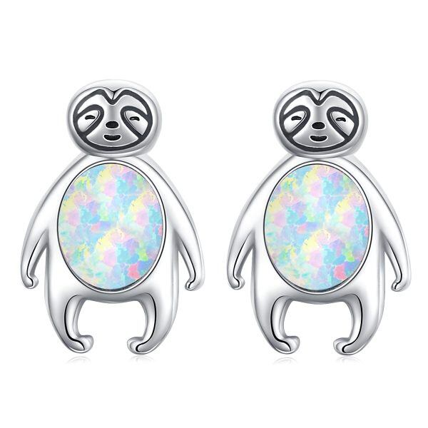 Sterling Silver Opal Silver Plated Sloth Stud Earrings-0