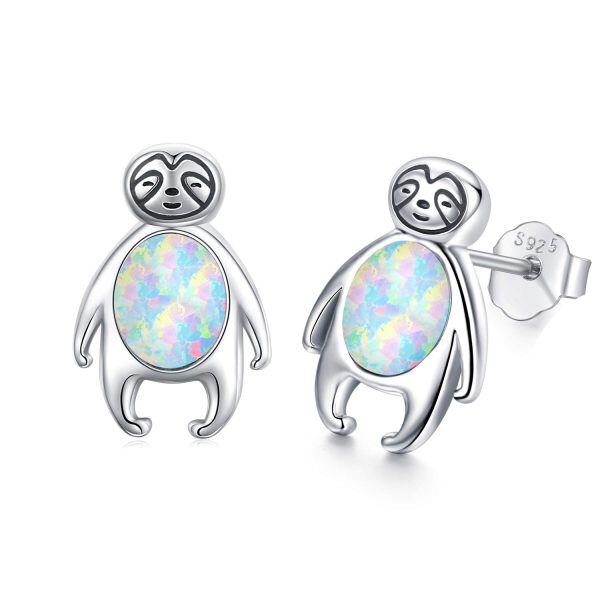 Sterling Silver Opal Silver Plated Sloth Stud Earrings-1