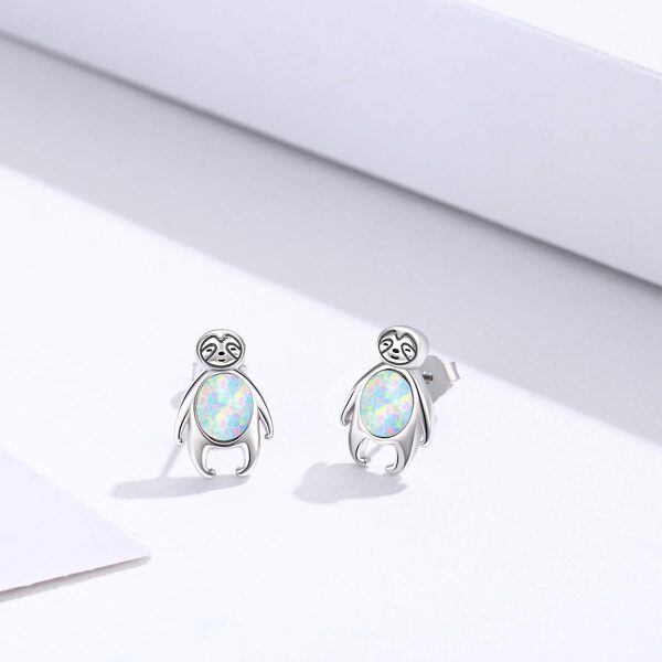 Sterling Silver Opal Silver Plated Sloth Stud Earrings-2