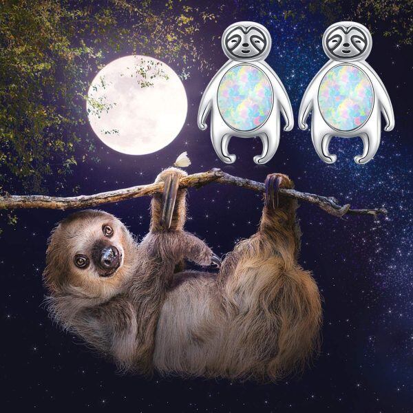 Sterling Silver Opal Silver Plated Sloth Stud Earrings-7