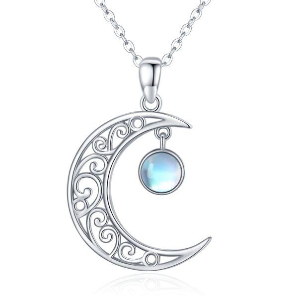 Sterling Silver Moonstone Rhodium Plated Moon Necklace-0