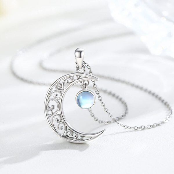 Sterling Silver Moonstone Rhodium Plated Moon Necklace-1