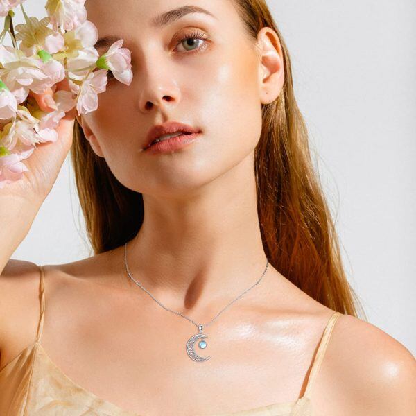 Sterling Silver Moonstone Rhodium Plated Moon Necklace-3