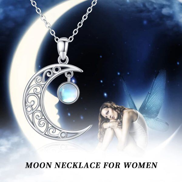 Sterling Silver Moonstone Rhodium Plated Moon Necklace-6