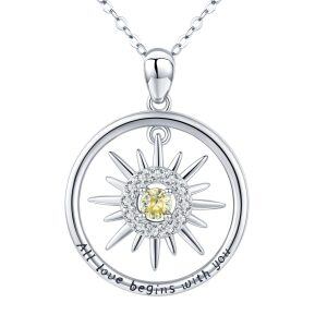 Sterling Silver Zircon Rhodium Plated Sun Necklace-0