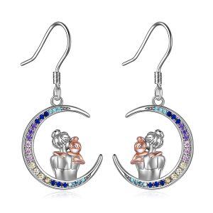 Sterling Silver Zircon Silver Plated Mother and Daughter Moon Dangle Earrings-0