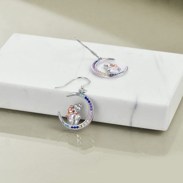 Sterling Silver Zircon Silver Plated Mother and Daughter Moon Dangle Earrings-2