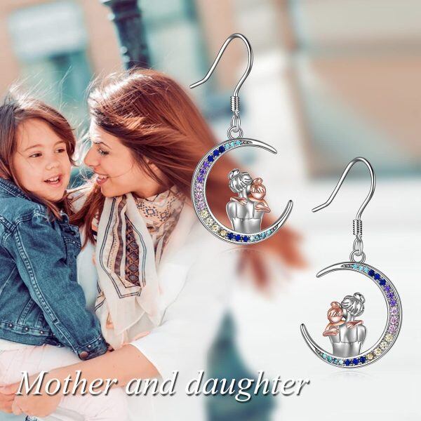 Sterling Silver Zircon Silver Plated Mother and Daughter Moon Dangle Earrings-5