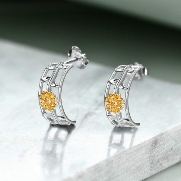 Sterling Silver Gold Plated Sunflower Hoop Earrings-3