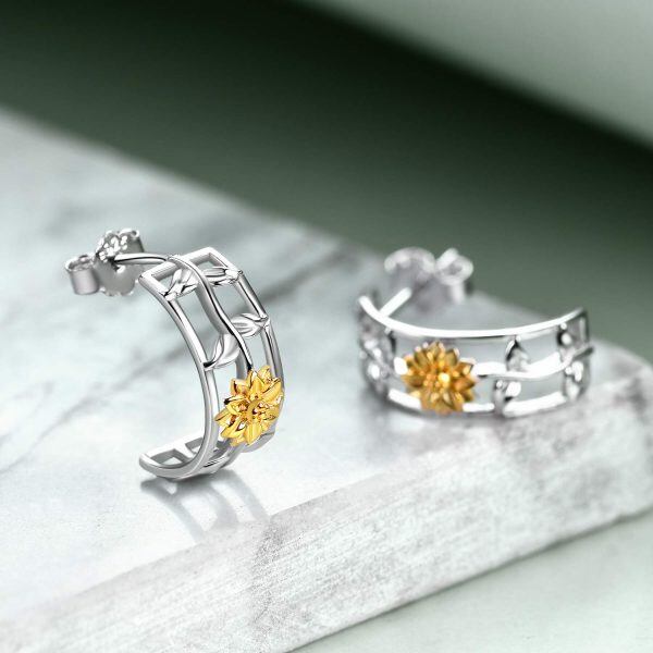 Sterling Silver Gold Plated Sunflower Hoop Earrings-4