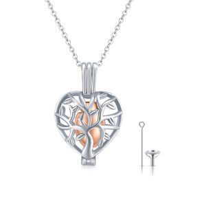 Sterling Silver Two Tone Color Hollow Tree of Life Urn Heart Locket Pendant Necklaces-0